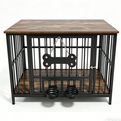 Wood Grain Metal Dog Crate Furniture – Double Outside-Fill Bowls, Bone Door Plaque, Brown &amp; Black