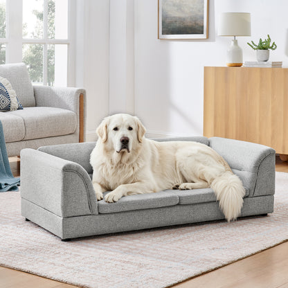 Oversized Linen Dog Sofa – Curved Armrests, Raised Frame, Thick Cushion, for Large Dogs, Light Grey – view 2