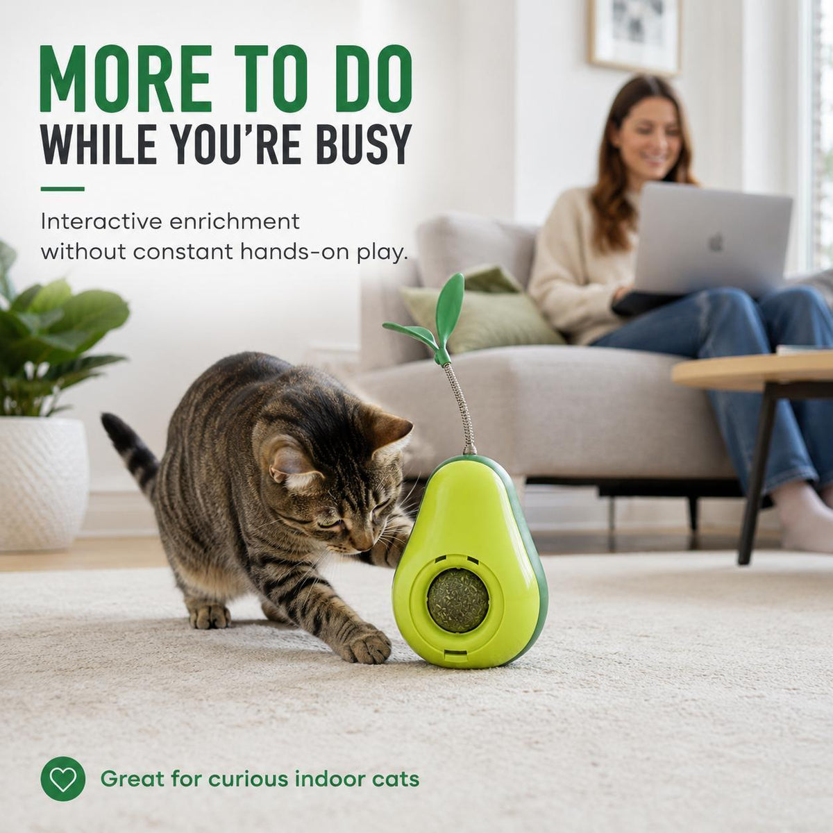 Avocado-Shaped Cat Tumbler Toy with Spring Feather Teaser and Removable Catnip Ball – view 2