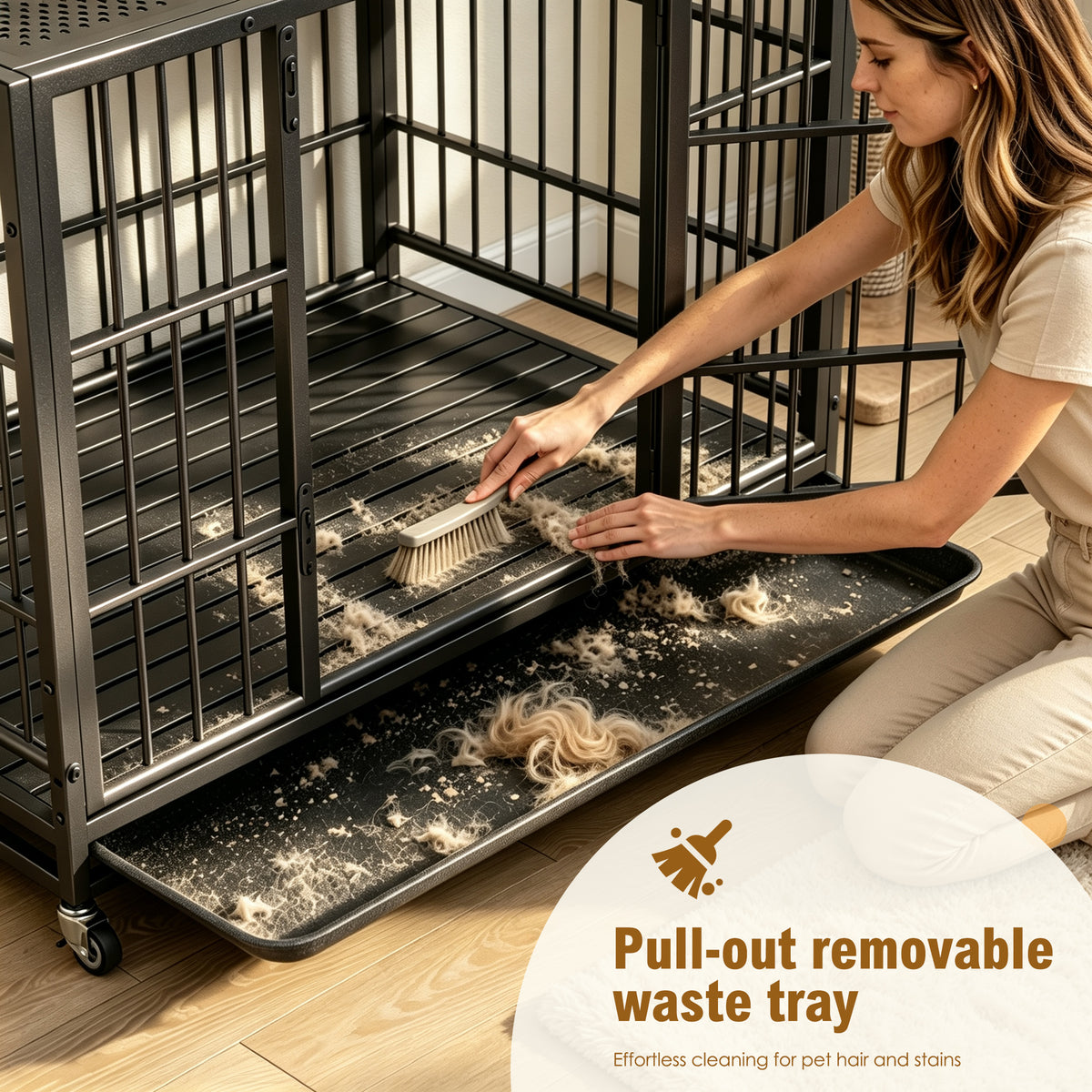 Heavy Duty Dog Crate on Lockable Wheels – Metal Kennel with Slide-Out Tray and Perforated Top, Black – view 10