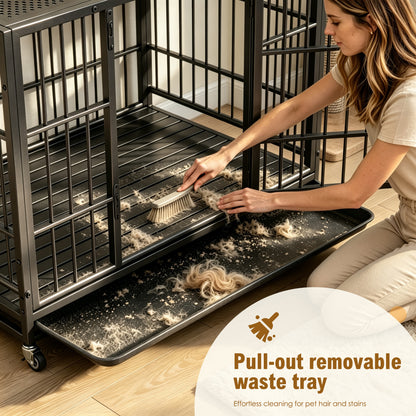 Heavy Duty Dog Crate on Lockable Wheels – Metal Kennel with Slide-Out Tray and Perforated Top, Black – view 10